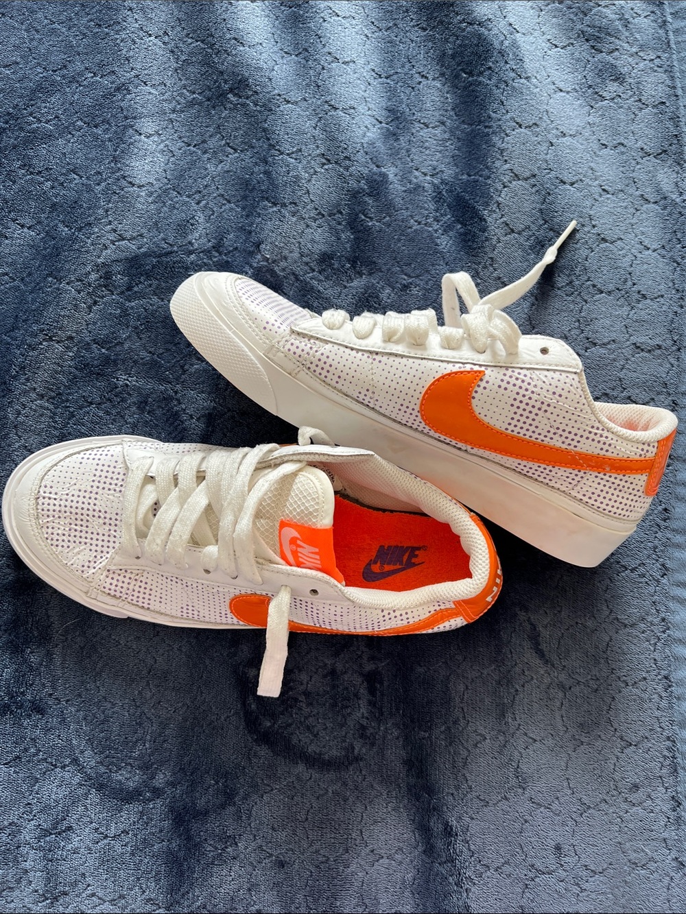 Size 7 Nike White Sneakers with Bright Orange Swoosh Purple soles